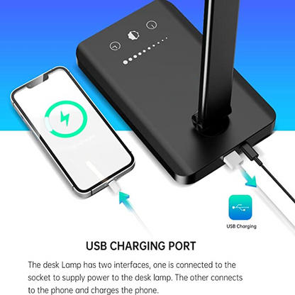 BowLift | LED desk lamp with USB charging port, dimmable eye-friendly reading lamp for home, with 5 brightness levels & 3 light modes, touch control, auto timer (Black)