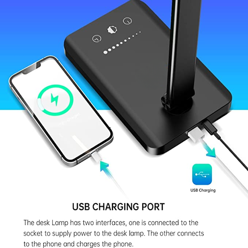 Skanto | LED Desk Lamp with USB Charging Port, Dimmable Eye-Care Reading Lamp for Home, with 5 Brightness Levels & 3 Light Modes, Touch Control, Auto Timer (Black)
