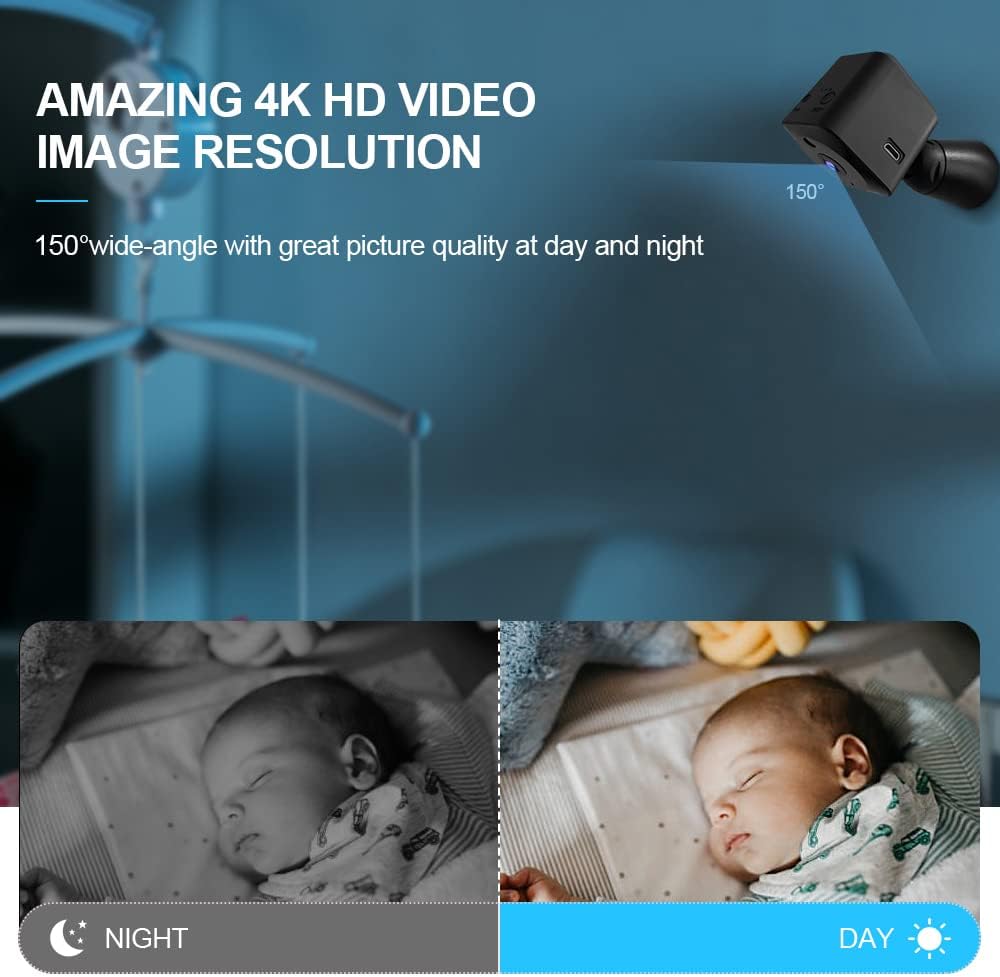 Mini surveillance camera 4K, WiFi, hidden indoor camera with night vision