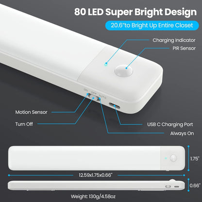 Skanto | Qtshine 80Led Motion Sensor Under Cabinet Light, Usb C Rechargeable, 12.6" Battery Powered, White