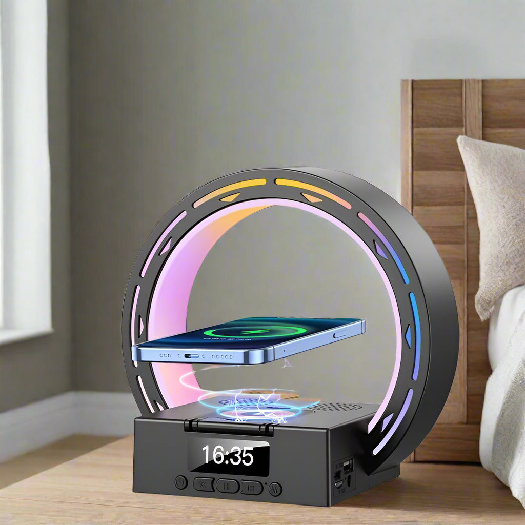 4-in-1 Bluetooth speaker lamp with charging pad and alarm clock