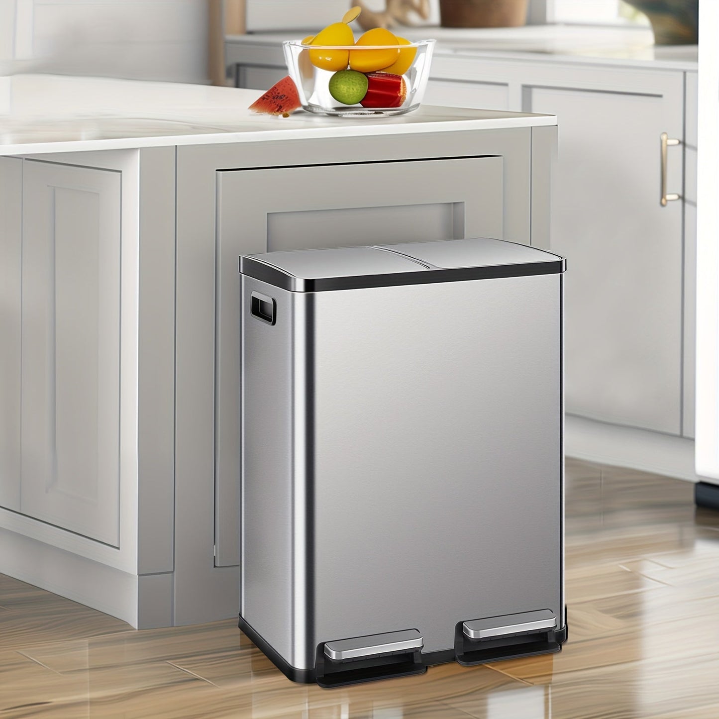 Skanto | JHK 15.85-Gal Large Capacity Silver Kitchen Bin - Modern Design, Dual Compartment Recycling, Closed Lid
