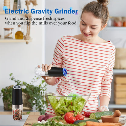 Skanto | Gravity Electric Salt and Pepper Grinder Set: Battery Operated with LED Light, One-Handed Automatic Operation, Adjustable Coarseness, Black - Kitchen Gadget Gift Idea