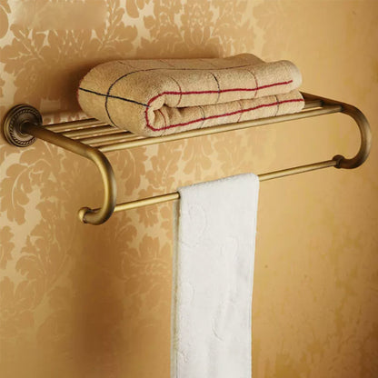 BowLift | Worn Brass Traditional Bathroom Set with Bath Shelf/Paper Holder & Towel Bar