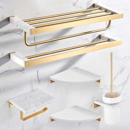 BowLift | Brushed Brass Bathroom Accessory Set Metal & Marble Bathroom Hardware Set with Bathtub Shelf
