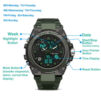 Sporty men's wristwatch with dual display mode, multifunctional, waterproof and luminous