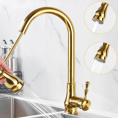 BowLift | Brushed Gold Kitchen Sink Faucet High Arc Swivel Spout with Pull-Down Spray Head