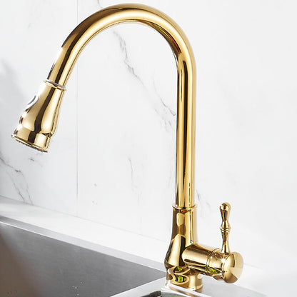 Skanto | Brushed Gold Kitchen Faucet High Arc Swivel Spout with Pull-Down Spray Head