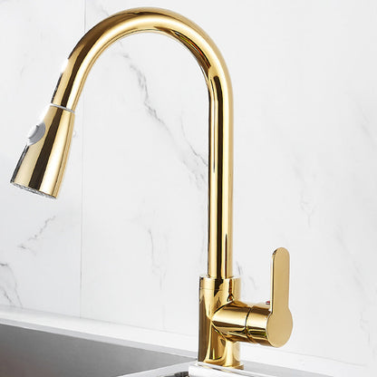 Skanto | Brushed Gold Kitchen Faucet High Arc Swivel Spout with Pull-Down Spray Head