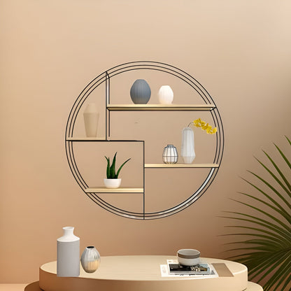 Round Wall Shelf with 4 Levels – Retro Design made of Wood & Metal | Decorative Hanging Shelf for Living Room, Bathroom & Bedroom | Bowlift