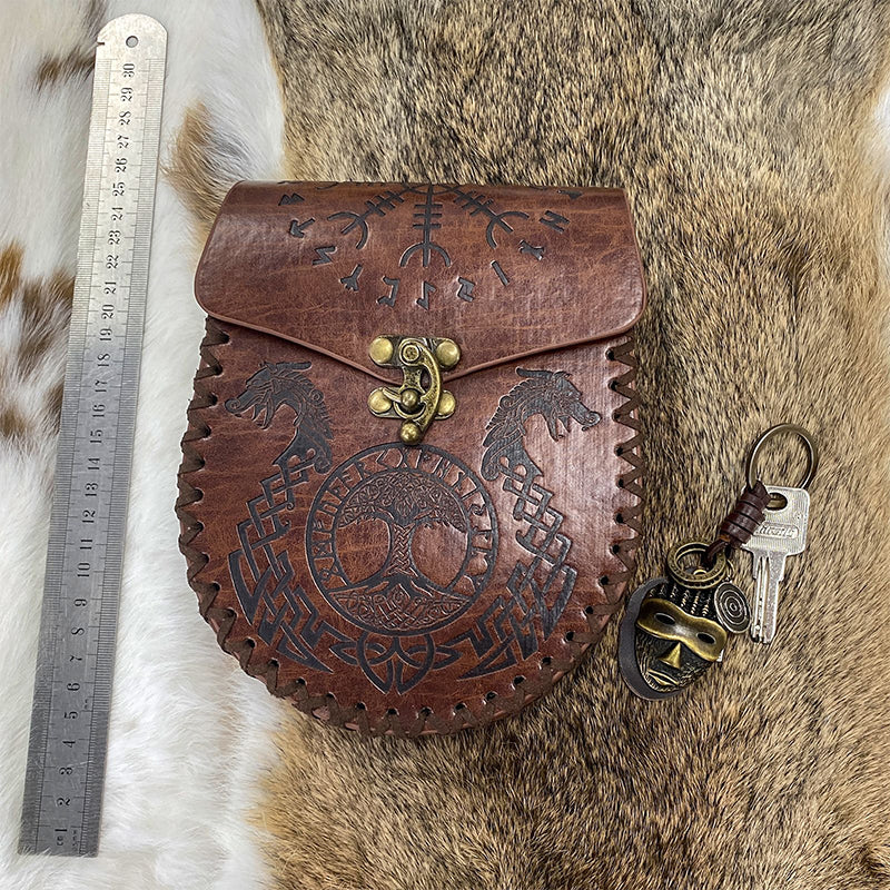 medieval Nordic embossed leather belt pouch