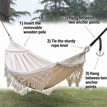BowLift | 200x150cm Double Outdoor Camping Fringe Canvas Hammock with Pole (White)