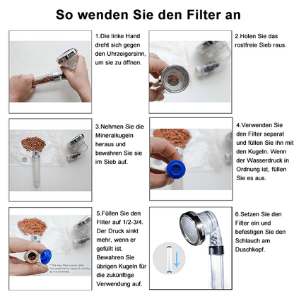 Premium shower head and handheld shower with ion filter, water-saving and with adjustable water pressure