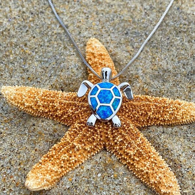 Blue opal necklace with sea turtle
