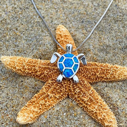 Blue opal necklace with sea turtle
