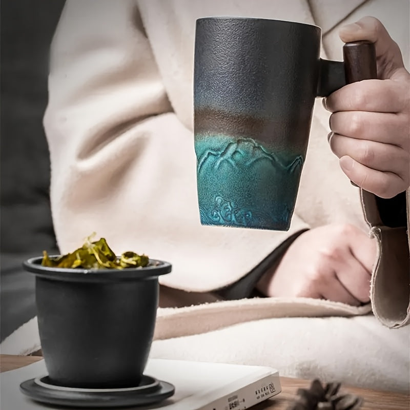 BowLift | TeaCraft Ceramic Mug | Handmade | With Tea Infuser & Wooden Handle | Retro Design