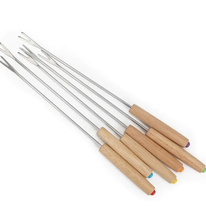 6Pcs Stainless Steel Forks with Wooden Handle for BBQ Campfire Grill | Bowlift