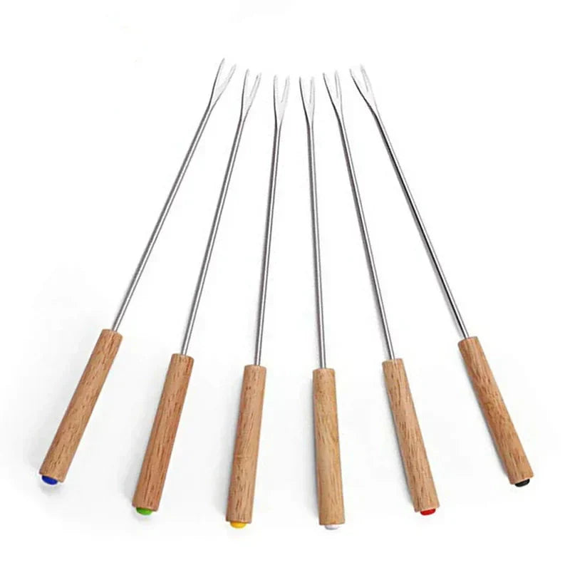 6Pcs Stainless Steel Forks with Wooden Handle for BBQ Campfire Grill | Bowlift