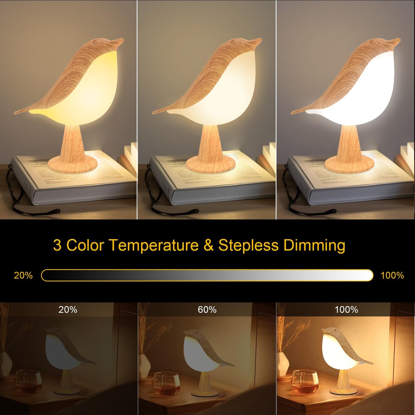 Skanto | Vquand 2 Pack Bird Desk Lamp - Rechargeable Kids Night Light with Touch Sensor & 3 Color Modes