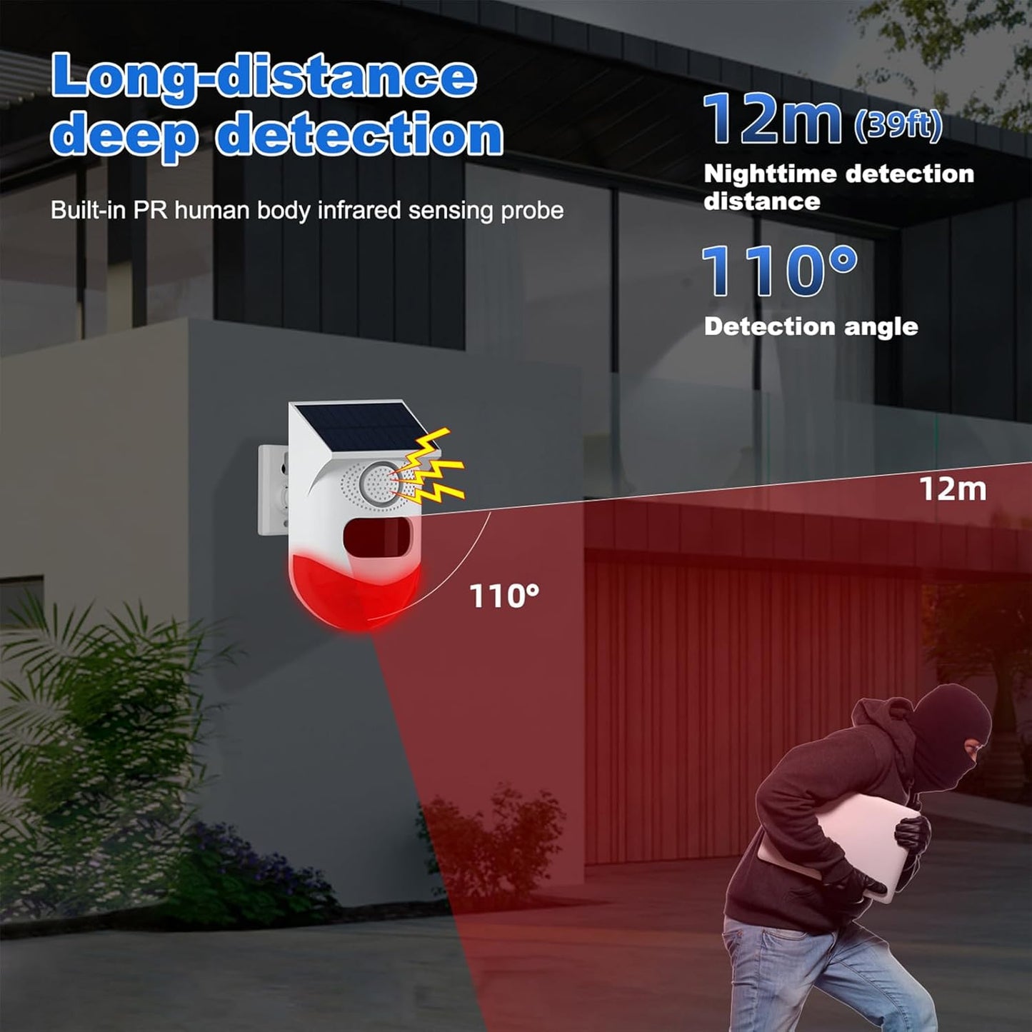 BowLift | Solar Motion Sensor Alarm with 120dB Siren and LED Strobe – Feronix