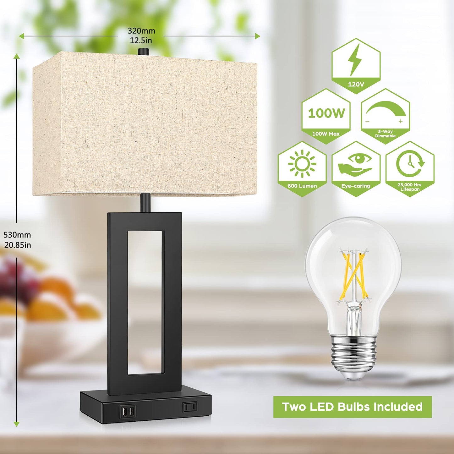 Skanto | Tobusa Set Of 2 Touch Control Table Lamps With Usb Ports, 3-Way Dimmable, Beige Shade