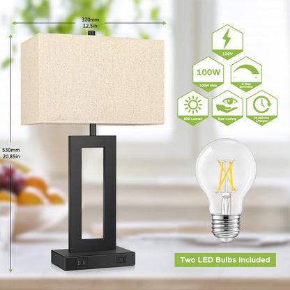 Skanto | Tobusa Set Of 2 Touch Control Table Lamps With Usb Ports, 3-Way Dimmable, Beige Shade