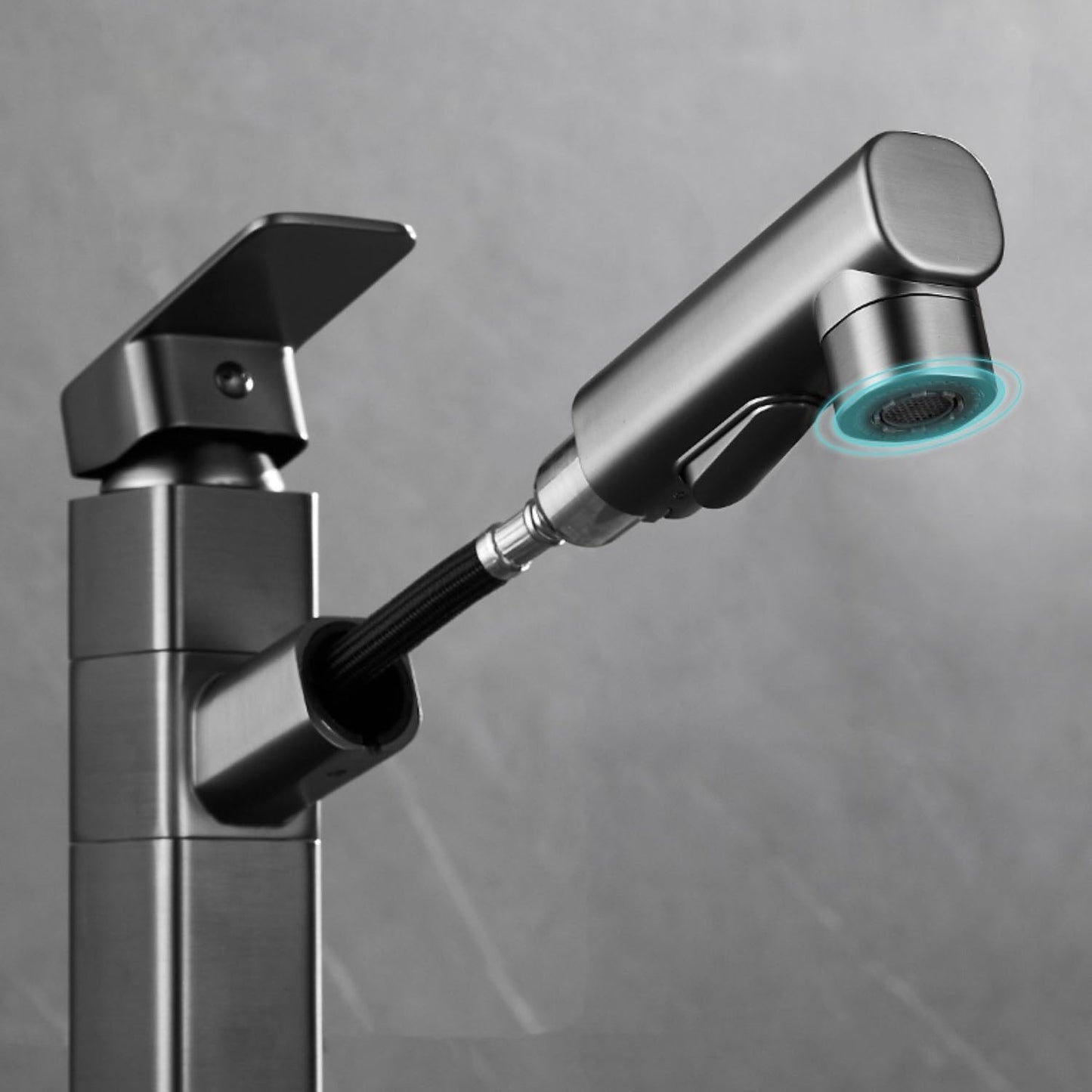 Bathroom vanity faucet with swivel spout, single-handle mixer with pull-out spray head