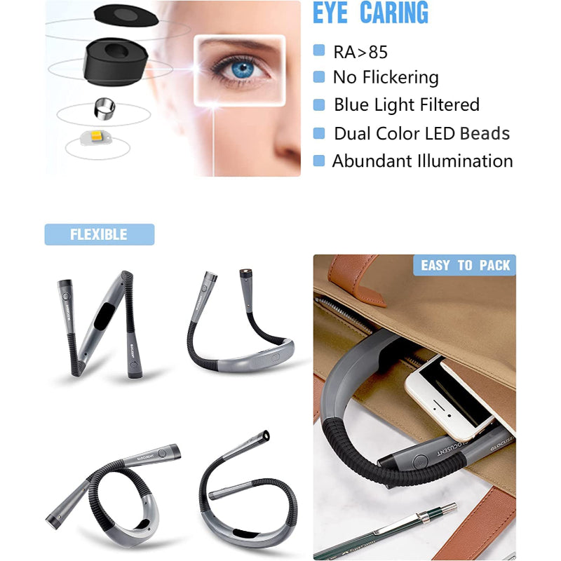 Brehn | LED Neck Reading Lamp, Book Light for Reading in Bed, 3 Colors, 6 Brightness Levels, Bendable Arm, Rechargeable, Durable, Perfect for Reading, Knitting, Camping, Repairing