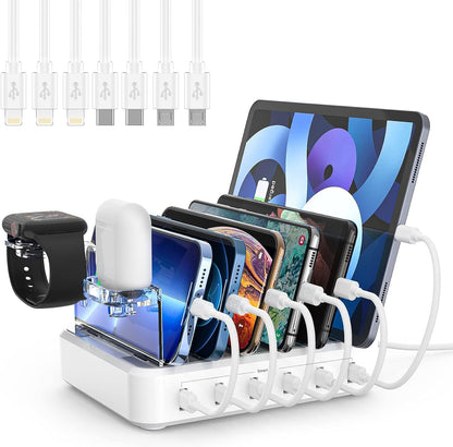 Skanto | 6-Port Multi-Device Fast Charger Station Organizer with Smart IC & Cable Set