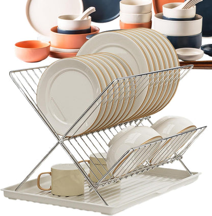 BowLift | Folding Dish Drying Rack – 2-Tier Countertop Drainer with Detachable Tray – Kelvra