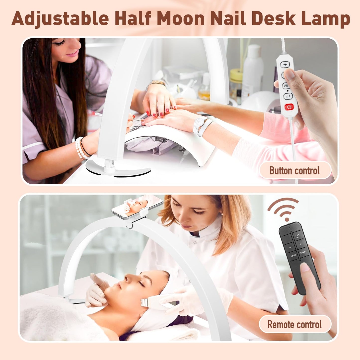 Skanto Skanto | Hitti Half Moon Nail Desk Lamp with Phone Holder, 7 Colors, 10 Brightness Levels, Remote Control - White