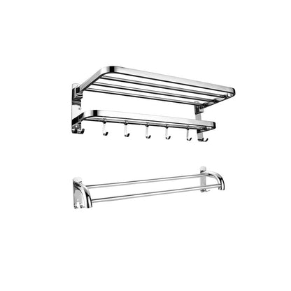 Contemporary bathroom accessory set made of chrome-plated stainless steel with bathrobe hook/towel bar