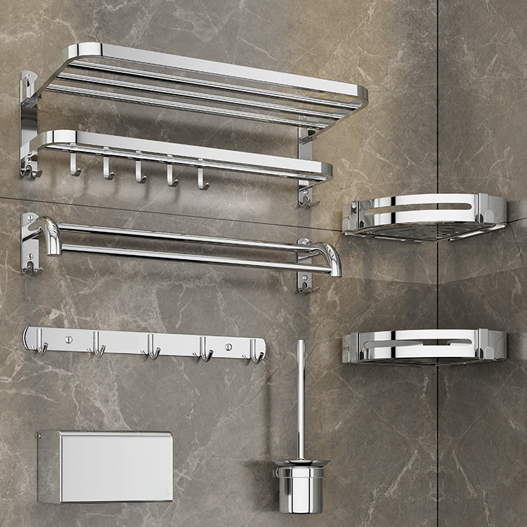 Contemporary bathroom accessory set made of chrome-plated stainless steel with bathrobe hook/towel bar