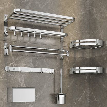 Contemporary bathroom accessory set made of chrome-plated stainless steel with bathrobe hook/towel bar