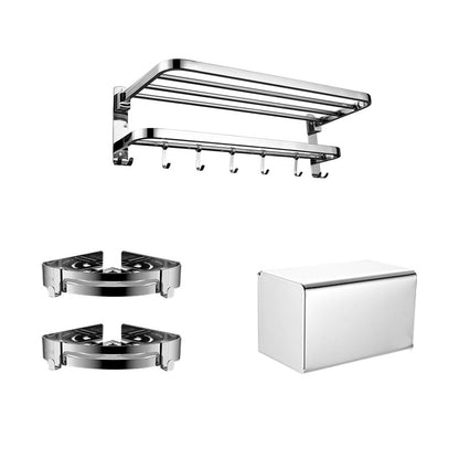 Contemporary bathroom accessory set made of chrome-plated stainless steel with bathrobe hook/towel bar
