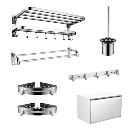 Contemporary bathroom accessory set made of chrome-plated stainless steel with bathrobe hook/towel bar