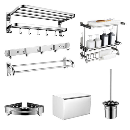 Contemporary bathroom accessory set made of chrome-plated stainless steel with bathrobe hook/towel bar