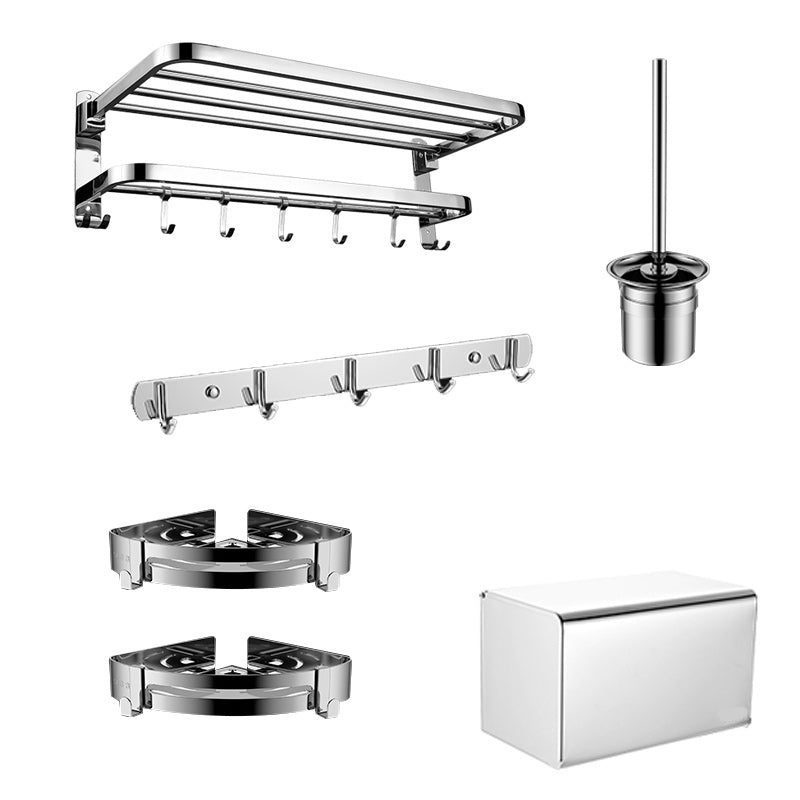 Contemporary bathroom accessory set made of chrome-plated stainless steel with bathrobe hook/towel bar