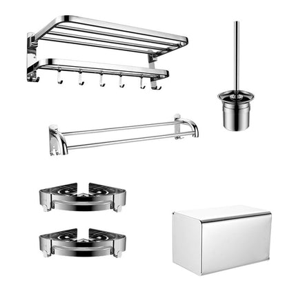 Contemporary bathroom accessory set made of chrome-plated stainless steel with bathrobe hook/towel bar
