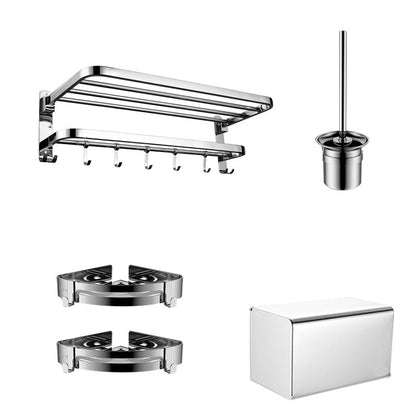 Contemporary bathroom accessory set made of chrome-plated stainless steel with bathrobe hook/towel bar