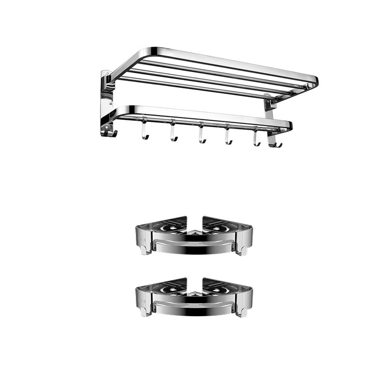 Contemporary bathroom accessory set made of chrome-plated stainless steel with bathrobe hook/towel bar
