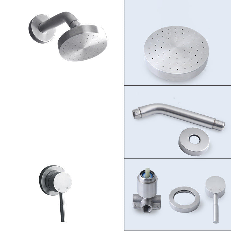 Stainless steel shower combination with round, fixed shower head and shower arm