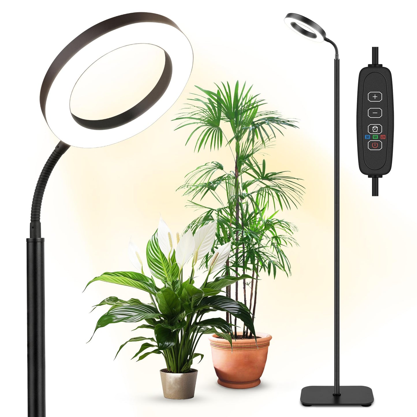 Skanto | Full Spectrum Grow Light for Indoor Plants, 20W LED Floor Plant Grow Lamp with Height-Adjustable Stand, Timer 3/9/12H, 10 Dimmable Brightness Levels for Small Large Plants, Round