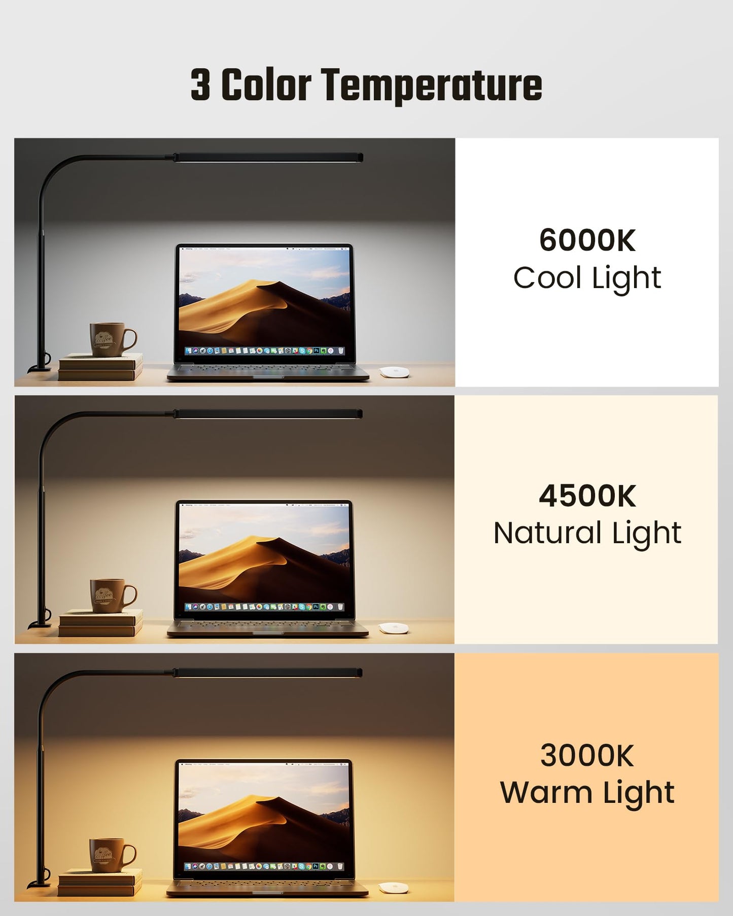 Skanto | Superdanny LED Desk Lamp, Eye-Friendly, 360° Gooseneck Swivel, Touch Control, 3 Light Colors,