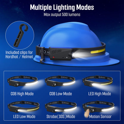 Skanto | Qtree Intelligence 3Pcs Rechargeable Headlamp, 5 Modes Led, Motion Sensor, Ipx4, 230° Wide Beam