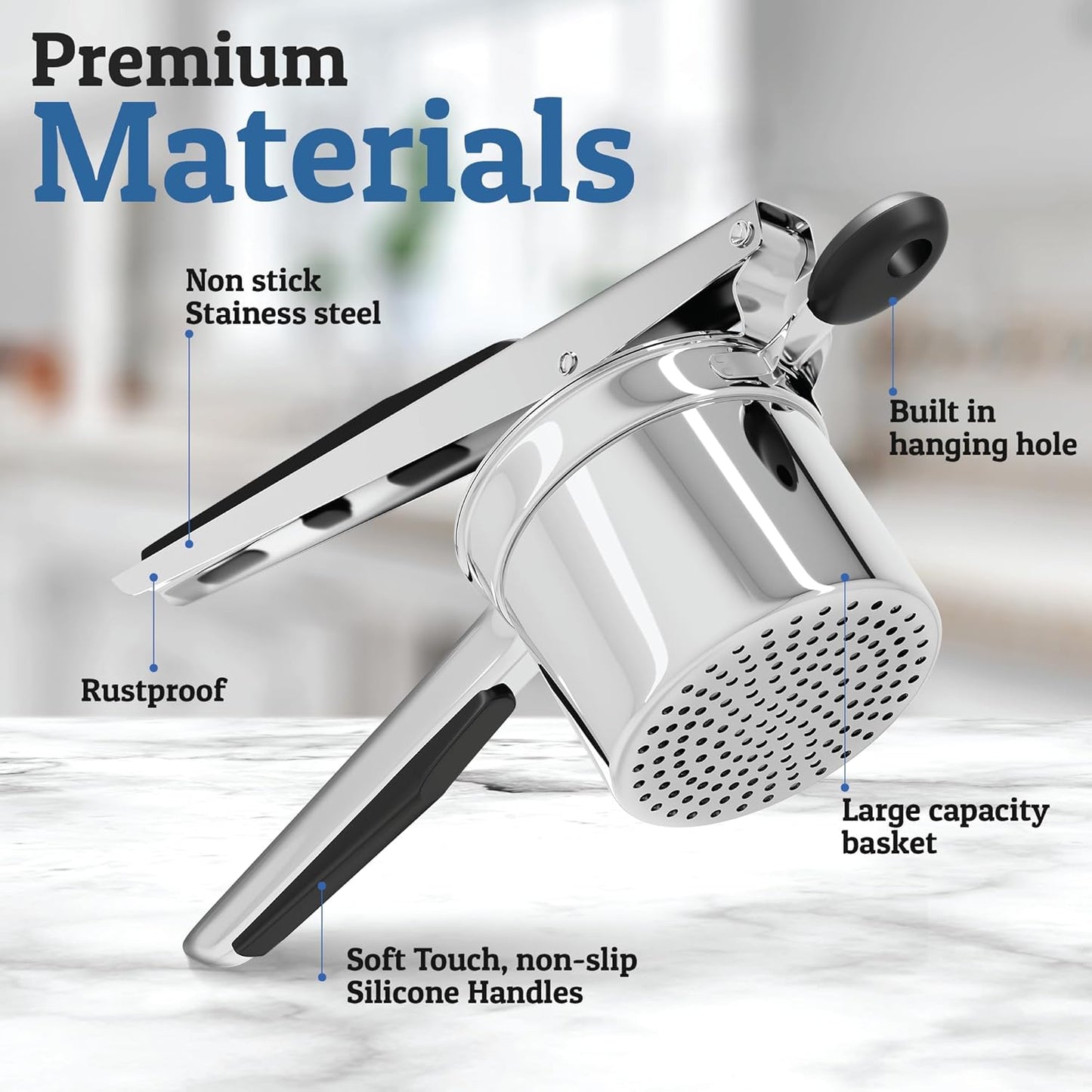 BowLift | PureMasher Pro Stainless Steel Potato Masher 15oz | Extra Large Capacity | For Mashed Potatoes, Vegetables & Fruits | Lump-Free & Durable