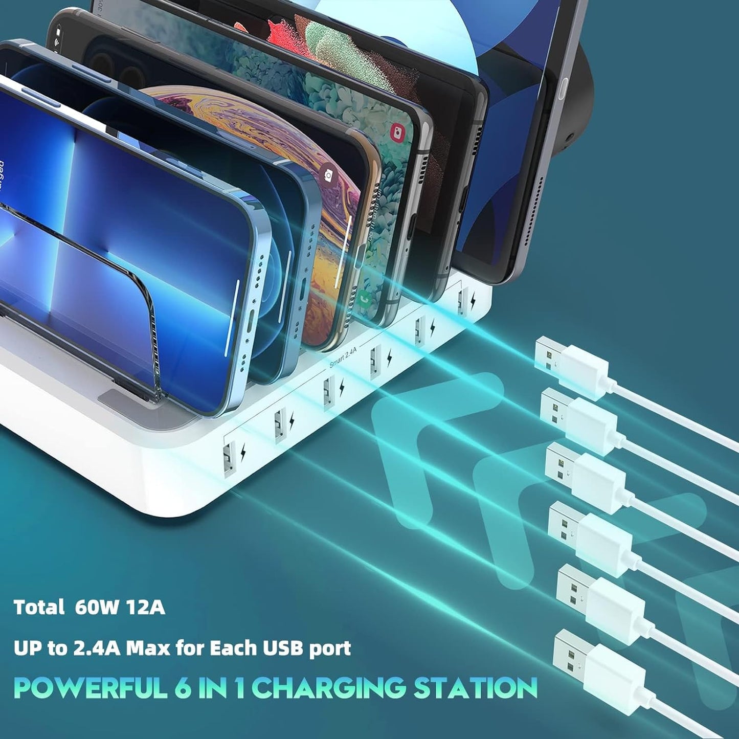 Skanto | 6-Port Multi-Device Fast Charger Station Organizer with Smart IC & Cable Set