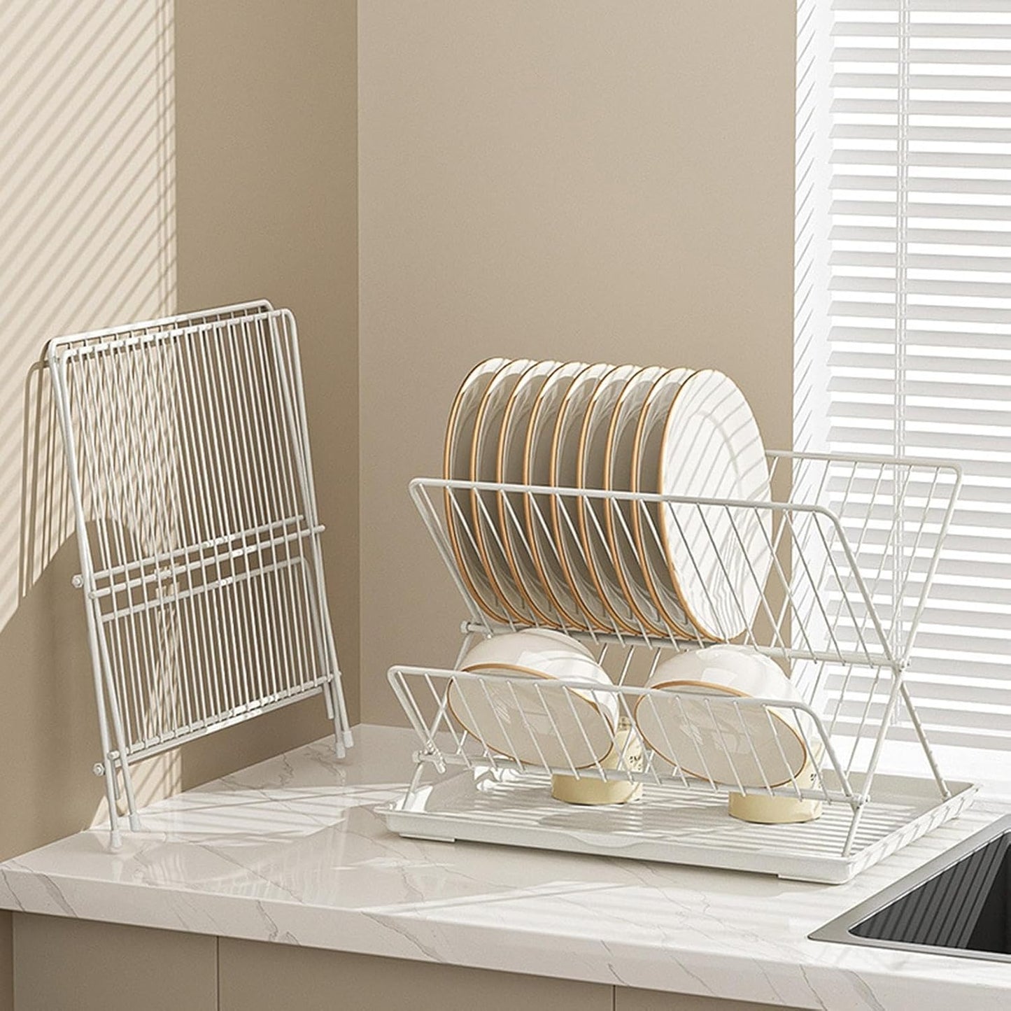 BowLift | Folding Dish Drying Rack – 2-Tier Countertop Drainer with Detachable Tray – Kelvra