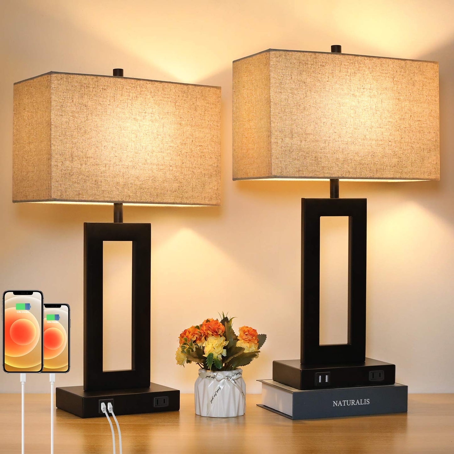 Skanto | Tobusa Set Of 2 Touch Control Table Lamps With Usb Ports, 3-Way Dimmable, Beige Shade