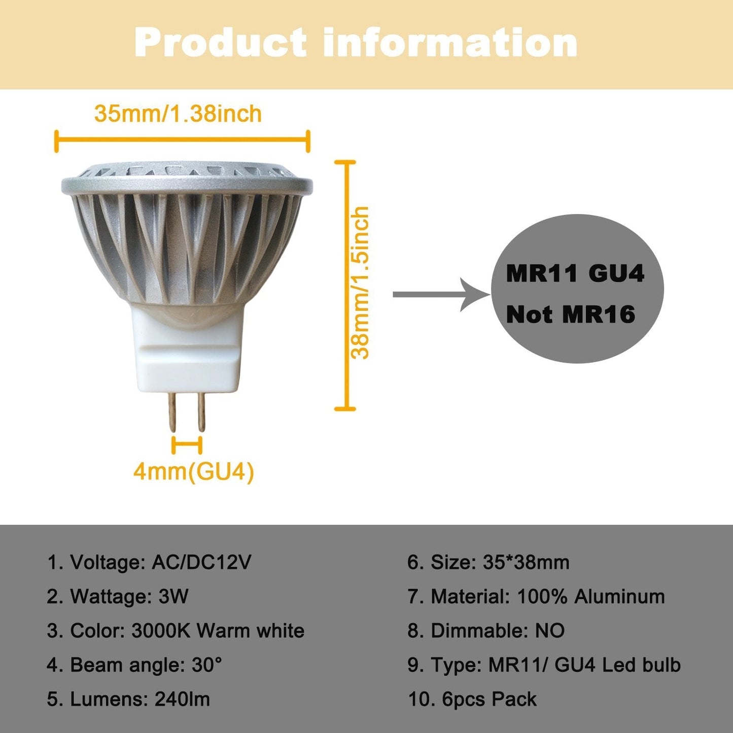 Skanto | Alide Mr11 Gu4 Led Bulbs 3000K Warm White 3W, 6 Pack Low Voltage Spotlights For Outdoor